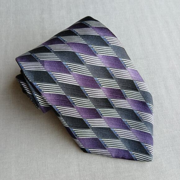 Stafford Silk Neck Tie purple black stripes geometric checkered 56" L x 4" W - Picture 2 of 8